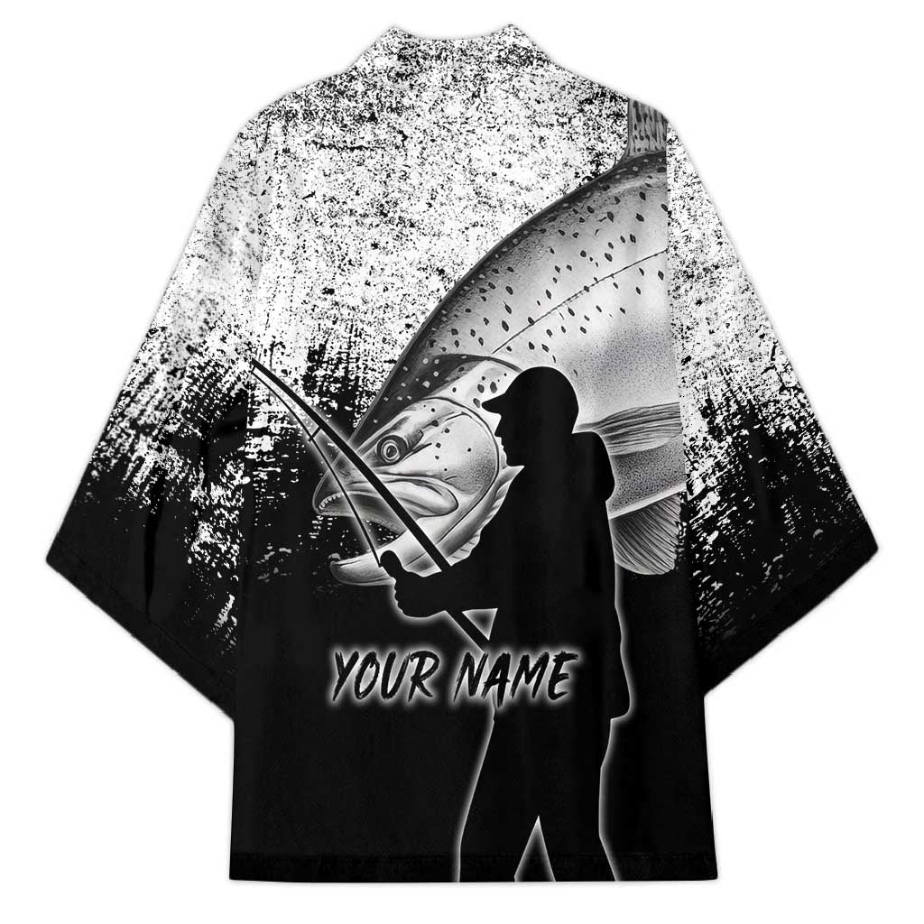 Custom Black and White King Salmon Fishing Kimono with Trout Fish Design Black and White Grunge Style - Wonder Print Shop