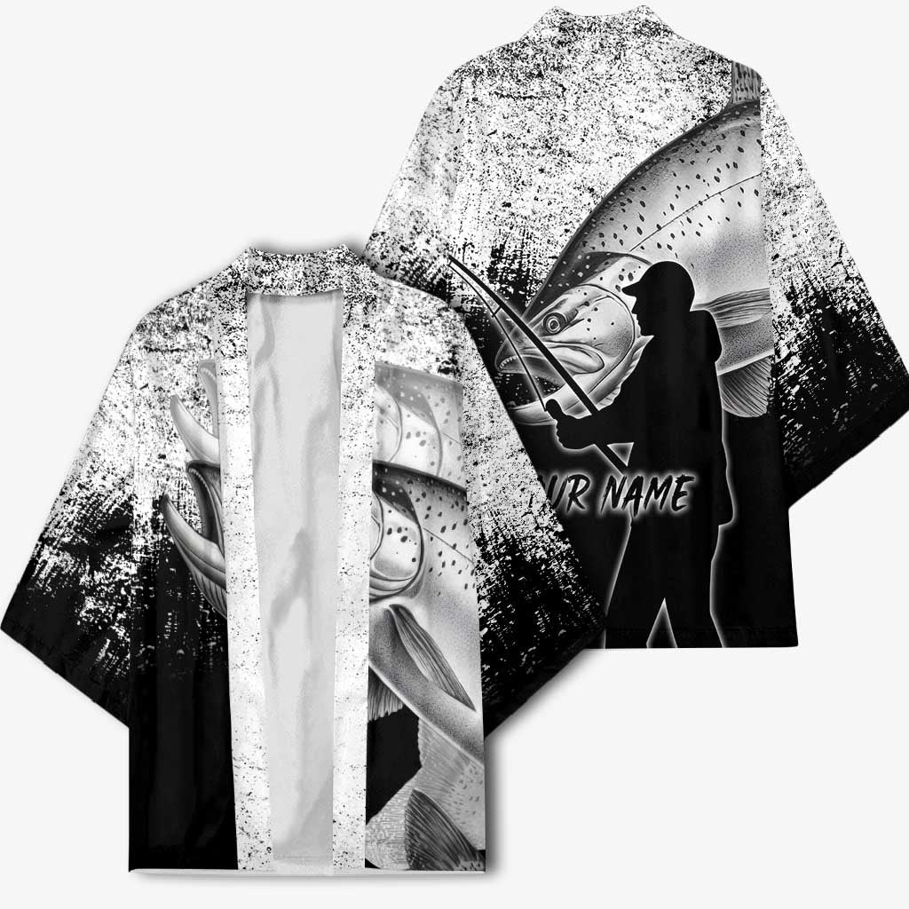 Custom Black and White King Salmon Fishing Kimono with Trout Fish Design Black and White Grunge Style - Wonder Print Shop