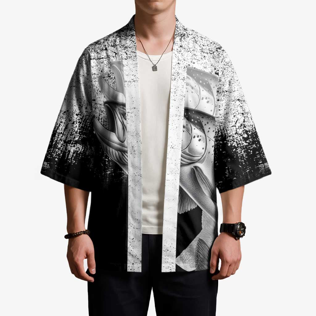 Custom Black and White King Salmon Fishing Kimono with Trout Fish Design Black and White Grunge Style - Wonder Print Shop