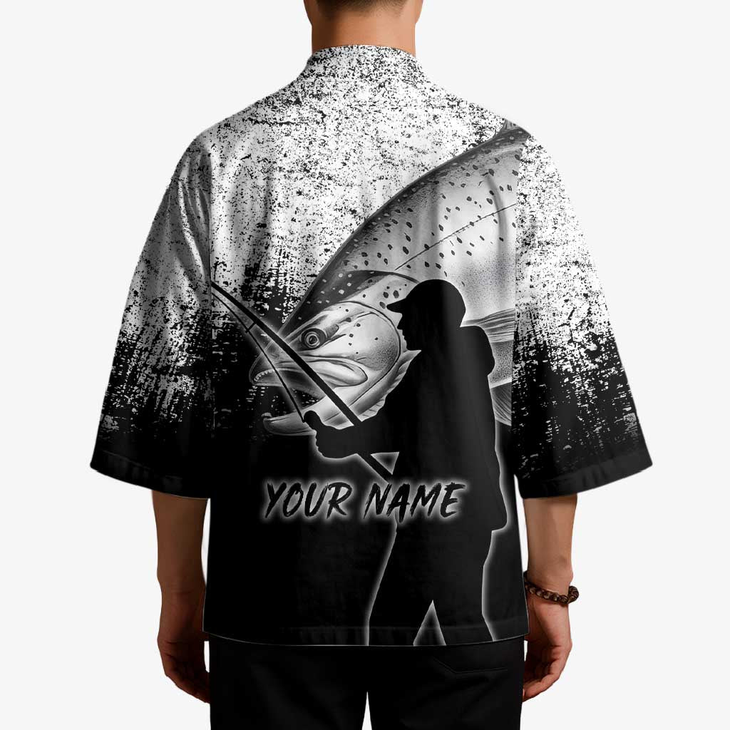 Custom Black and White King Salmon Fishing Kimono with Trout Fish Design Black and White Grunge Style - Wonder Print Shop