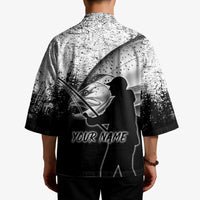 Custom Black and White King Salmon Fishing Kimono with Trout Fish Design Black and White Grunge Style - Wonder Print Shop