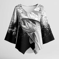 Custom Black and White King Salmon Fishing Kimono Sleeve Blouse with Trout Fish Design Black and White Grunge Style - Wonder Print Shop