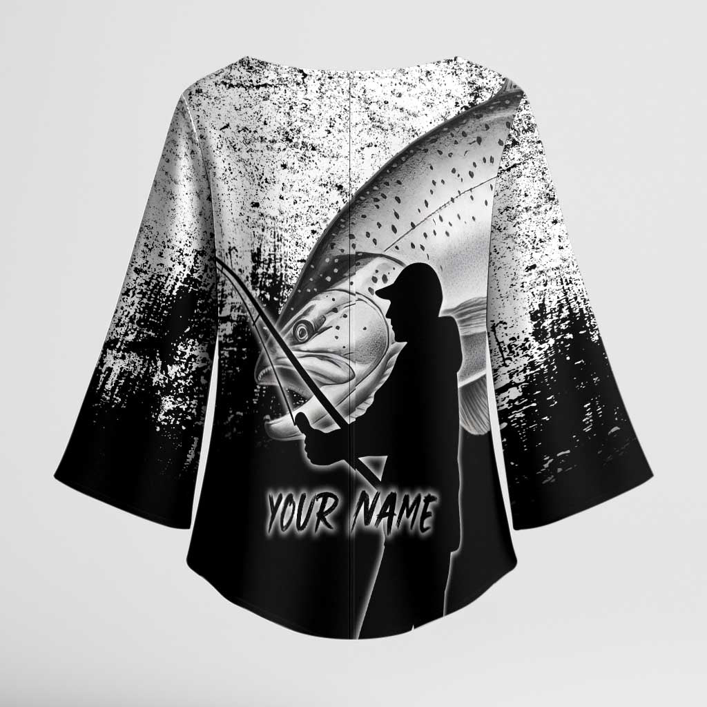 Custom Black and White King Salmon Fishing Kimono Sleeve Blouse with Trout Fish Design Black and White Grunge Style - Wonder Print Shop