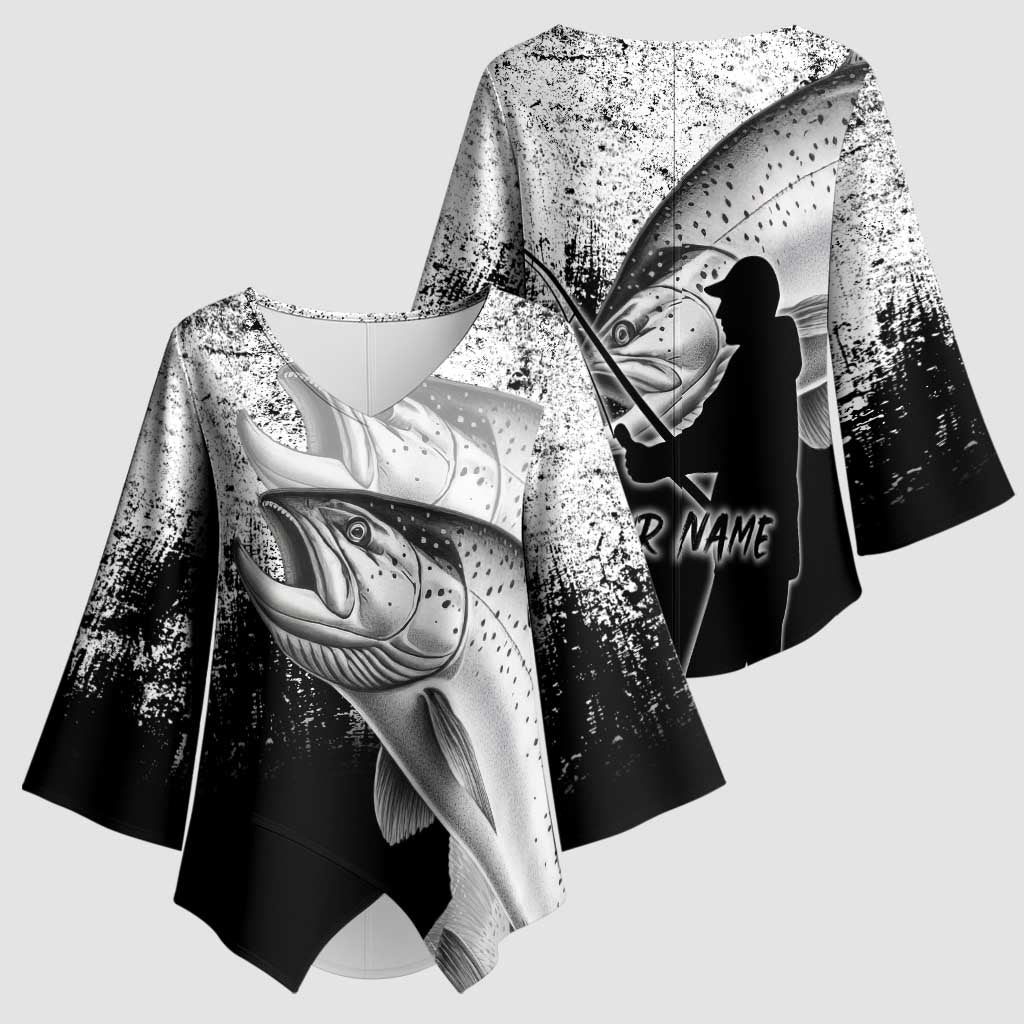 Custom Black and White King Salmon Fishing Kimono Sleeve Blouse with Trout Fish Design Black and White Grunge Style - Wonder Print Shop