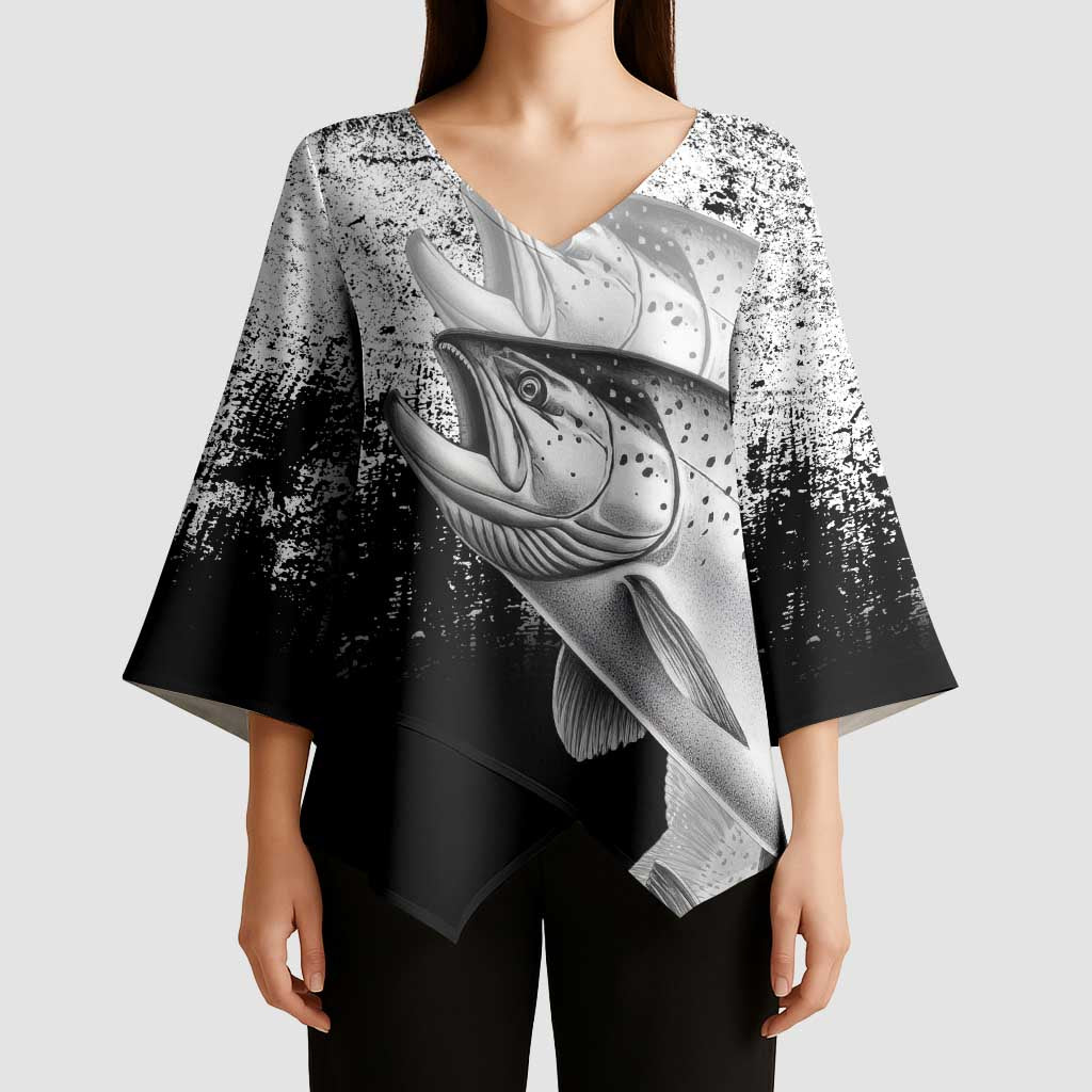 Custom Black and White King Salmon Fishing Kimono Sleeve Blouse with Trout Fish Design Black and White Grunge Style - Wonder Print Shop