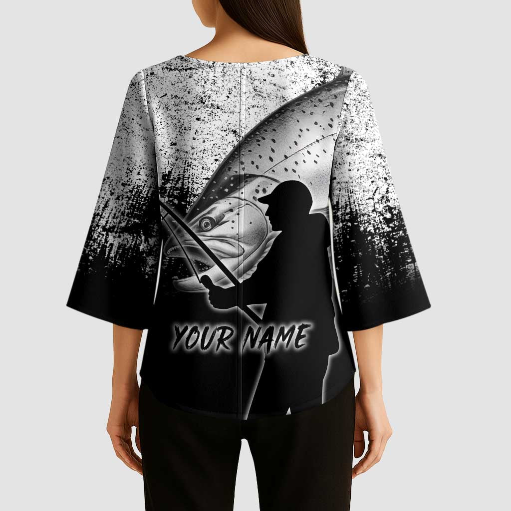 Custom Black and White King Salmon Fishing Kimono Sleeve Blouse with Trout Fish Design Black and White Grunge Style - Wonder Print Shop