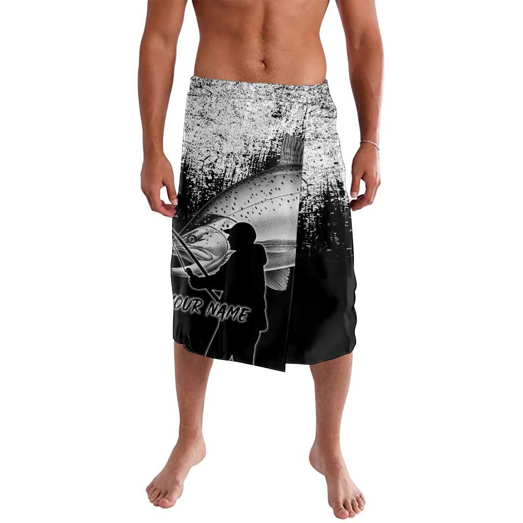 Custom Black and White King Salmon Fishing Lavalava with Trout Fish Design Black and White Grunge Style - Wonder Print Shop