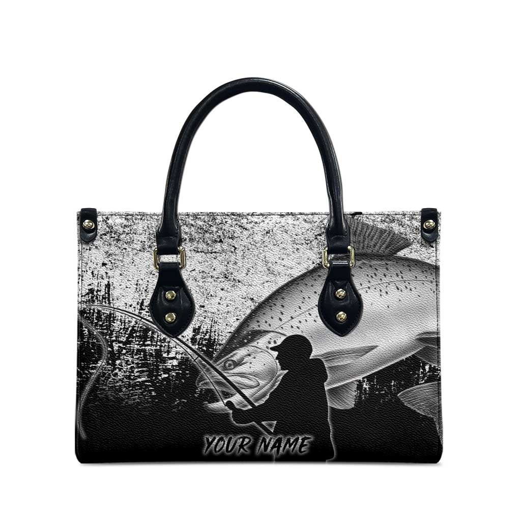 Custom Black and White King Salmon Fishing Leather Bag with Trout Fish Design Black and White Grunge Style - Wonder Print Shop
