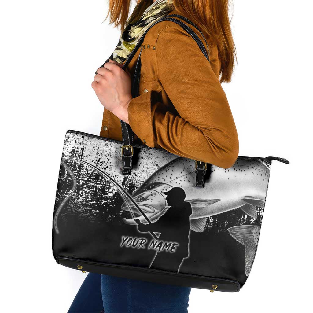 Custom Black and White King Salmon Fishing Leather Tote Bag with Trout Fish Design Black and White Grunge Style - Wonder Print Shop