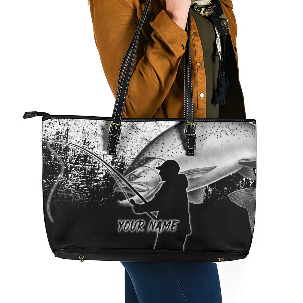 Custom Black and White King Salmon Fishing Leather Tote Bag with Trout Fish Design Black and White Grunge Style - Wonder Print Shop