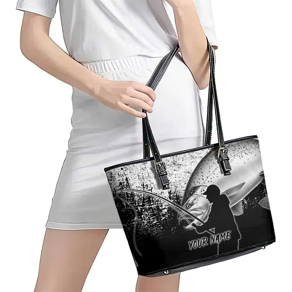 Custom Black and White King Salmon Fishing Leather Tote Bag with Trout Fish Design Black and White Grunge Style - Wonder Print Shop