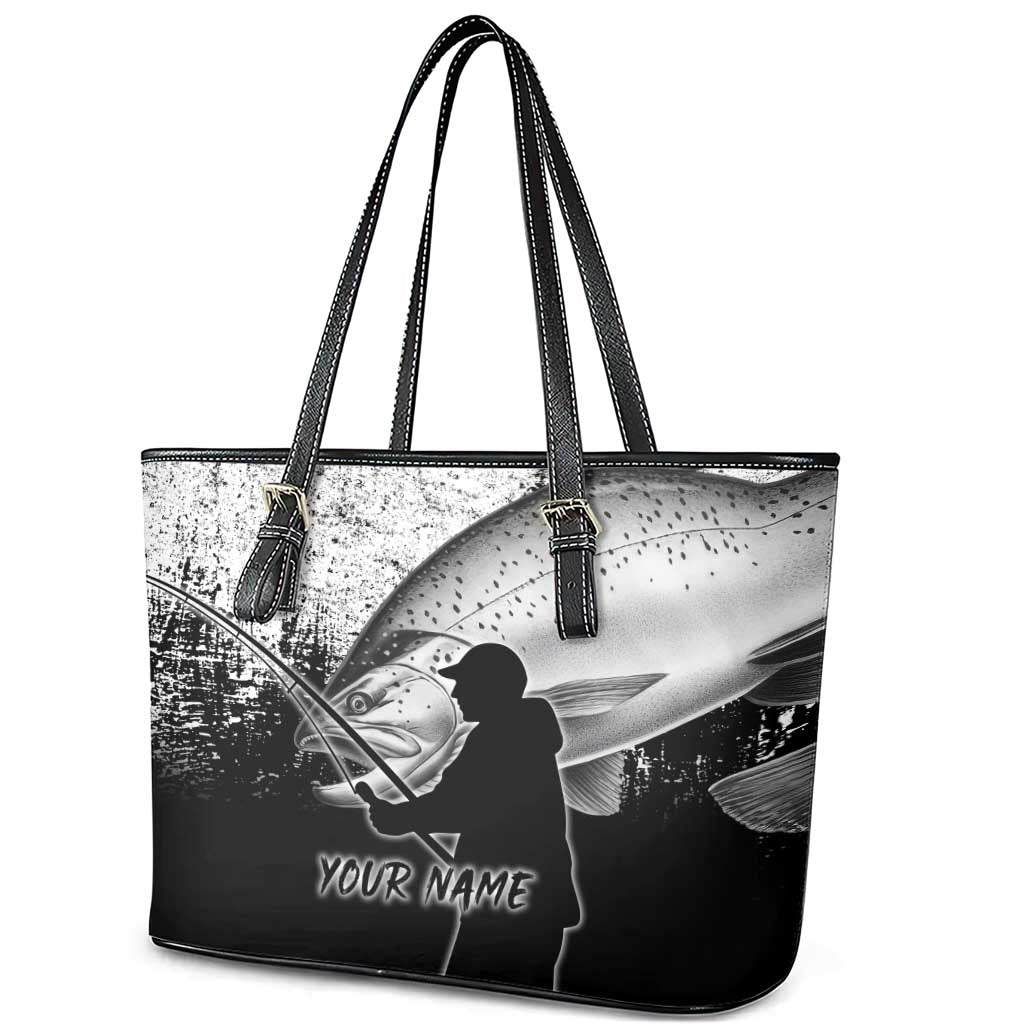 Custom Black and White King Salmon Fishing Leather Tote Bag with Trout Fish Design Black and White Grunge Style - Wonder Print Shop