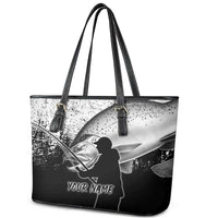 Custom Black and White King Salmon Fishing Leather Tote Bag with Trout Fish Design Black and White Grunge Style - Wonder Print Shop