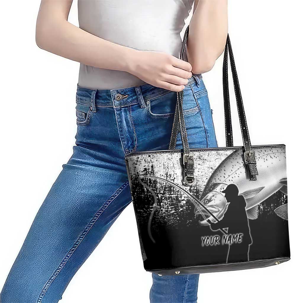 Custom Black and White King Salmon Fishing Leather Tote Bag with Trout Fish Design Black and White Grunge Style - Wonder Print Shop