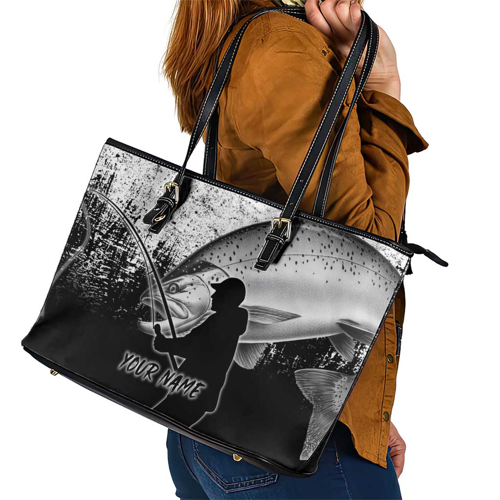 Custom Black and White King Salmon Fishing Leather Tote Bag with Trout Fish Design Black and White Grunge Style - Wonder Print Shop