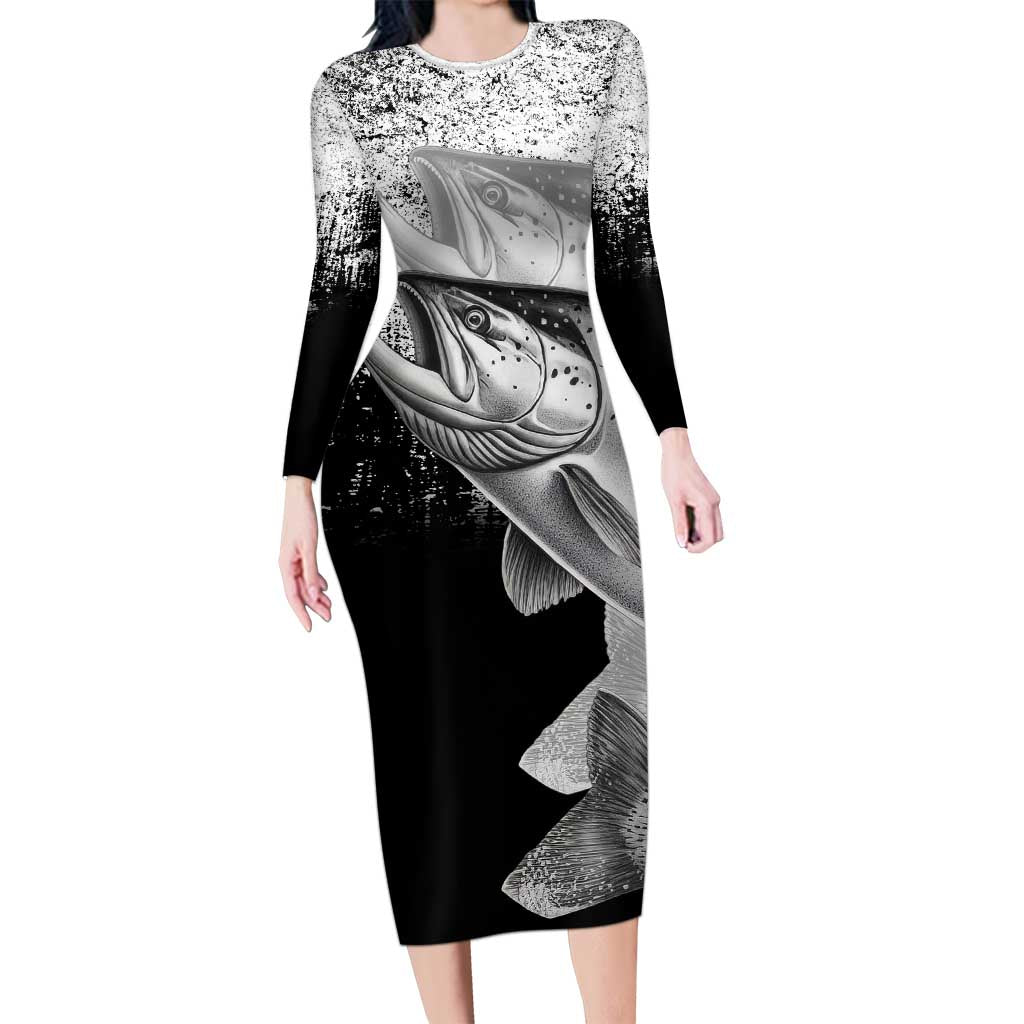 Custom Black and White King Salmon Fishing Long Sleeve Bodycon Dress with Trout Fish Design Black and White Grunge Style - Wonder Print Shop