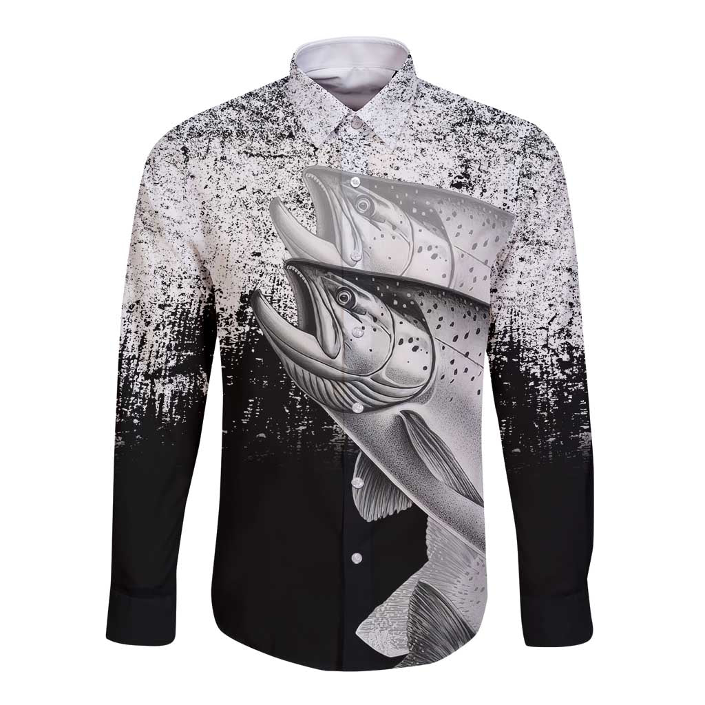 Custom Black and White King Salmon Fishing Long Sleeve Button Shirt with Trout Fish Design Black and White Grunge Style - Wonder Print Shop