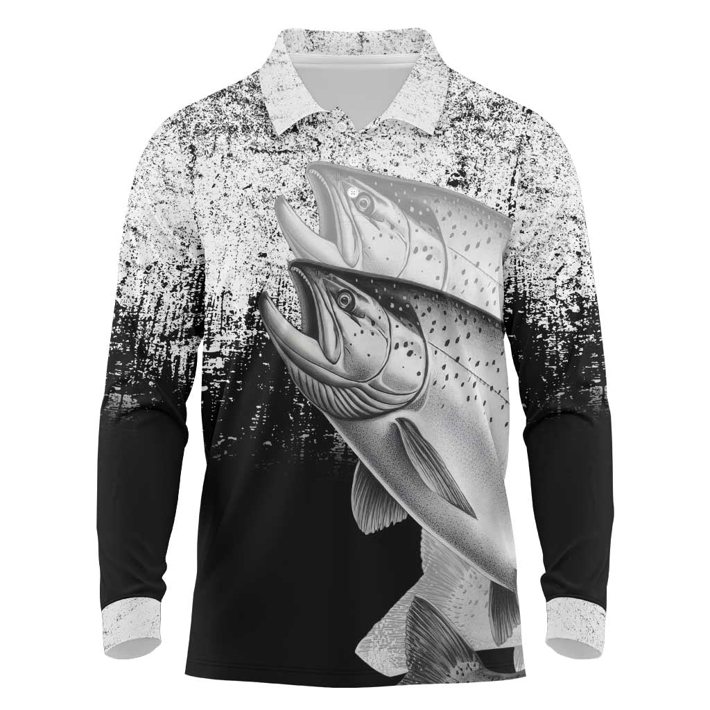 Custom Black and White King Salmon Fishing Long Sleeve Polo Shirt with Trout Fish Design Black and White Grunge Style - Wonder Print Shop