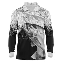 Custom Black and White King Salmon Fishing Long Sleeve Polo Shirt with Trout Fish Design Black and White Grunge Style - Wonder Print Shop