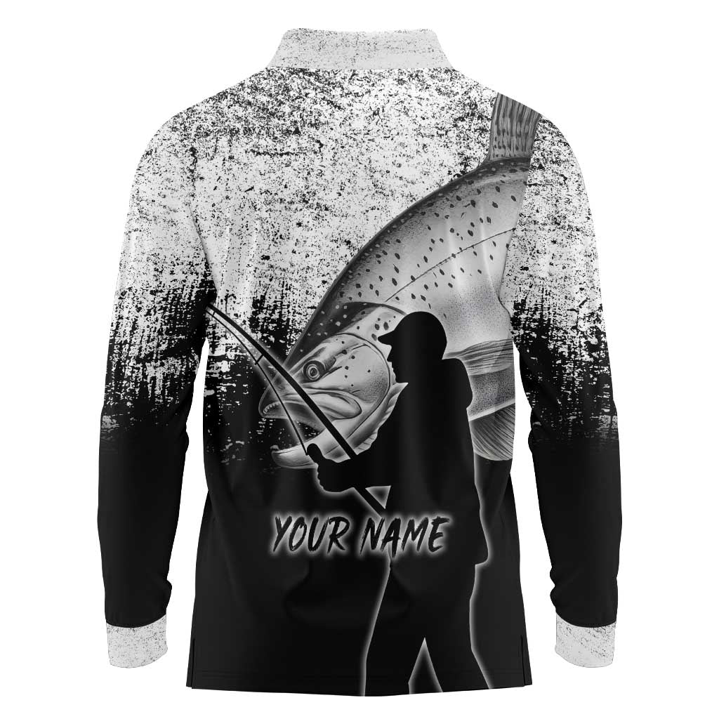 Custom Black and White King Salmon Fishing Long Sleeve Polo Shirt with Trout Fish Design Black and White Grunge Style - Wonder Print Shop