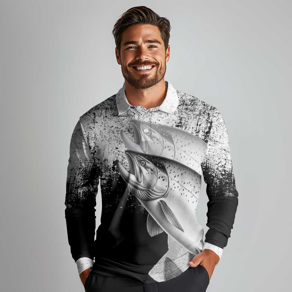 Custom Black and White King Salmon Fishing Long Sleeve Polo Shirt with Trout Fish Design Black and White Grunge Style - Wonder Print Shop