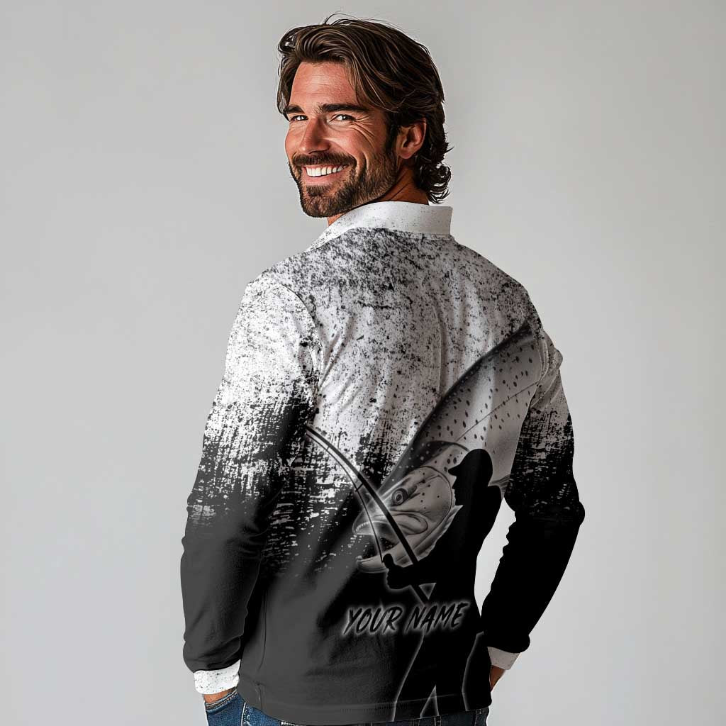 Custom Black and White King Salmon Fishing Long Sleeve Polo Shirt with Trout Fish Design Black and White Grunge Style - Wonder Print Shop