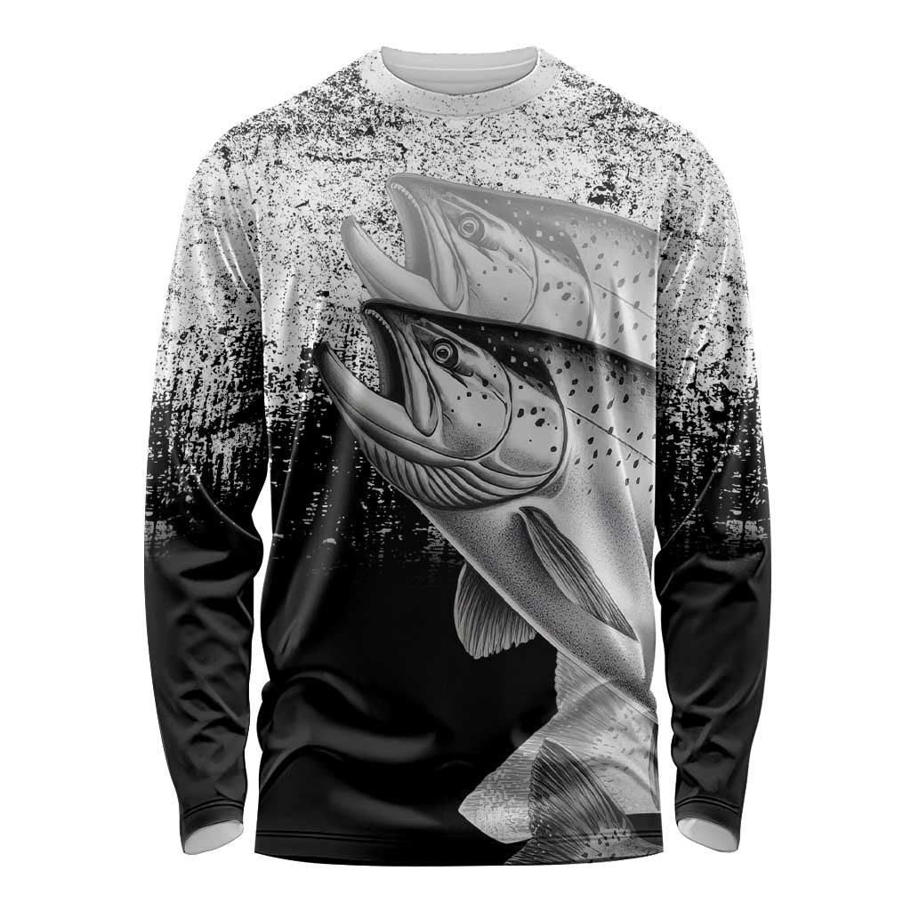 Custom Black and White King Salmon Fishing Long Sleeve Shirt with Trout Fish Design Black and White Grunge Style - Wonder Print Shop