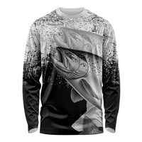 Custom Black and White King Salmon Fishing Long Sleeve Shirt with Trout Fish Design Black and White Grunge Style - Wonder Print Shop