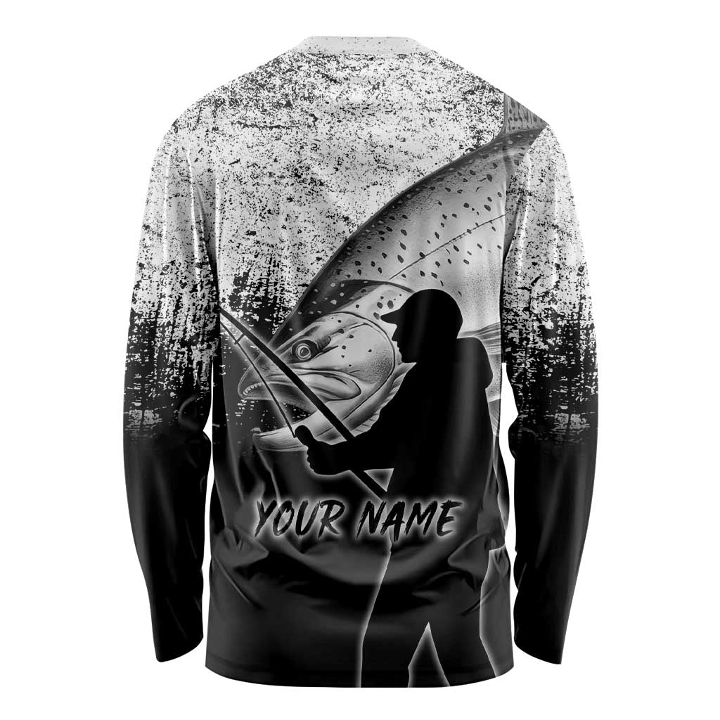 Custom Black and White King Salmon Fishing Long Sleeve Shirt with Trout Fish Design Black and White Grunge Style - Wonder Print Shop