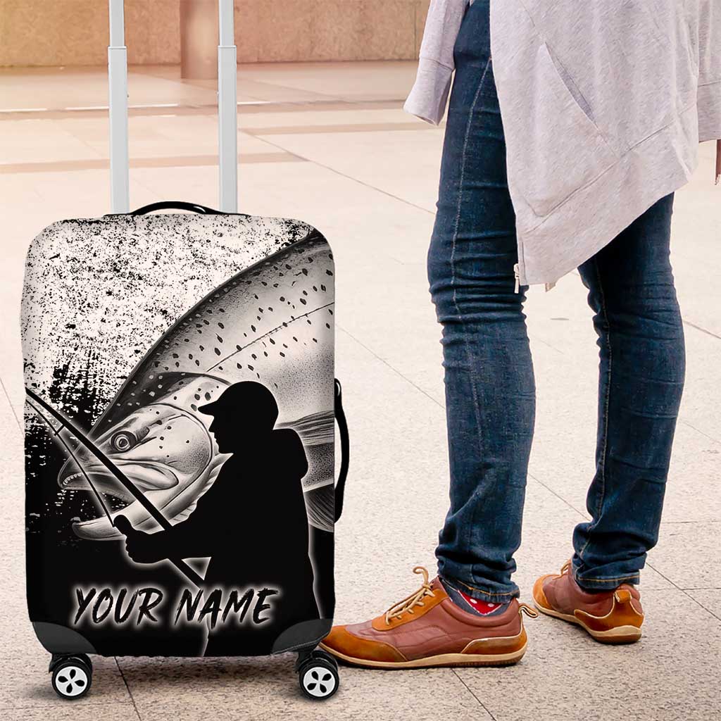 Custom Black and White King Salmon Fishing Luggage Cover with Trout Fish Design Black and White Grunge Style - Wonder Print Shop