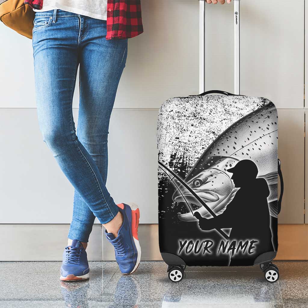 Custom Black and White King Salmon Fishing Luggage Cover with Trout Fish Design Black and White Grunge Style - Wonder Print Shop