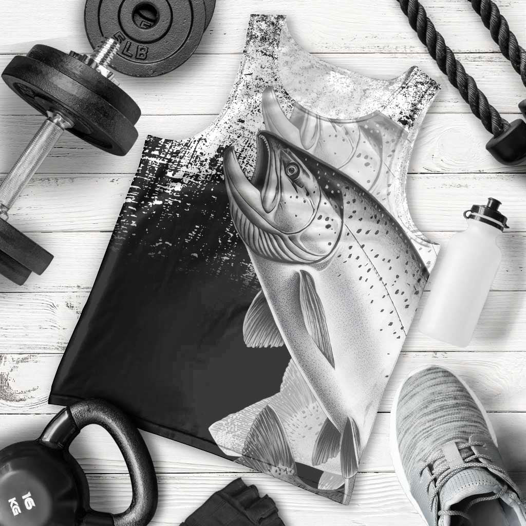 Custom Black and White King Salmon Fishing Men Tank Top with Trout Fish Design Black and White Grunge Style - Wonder Print Shop