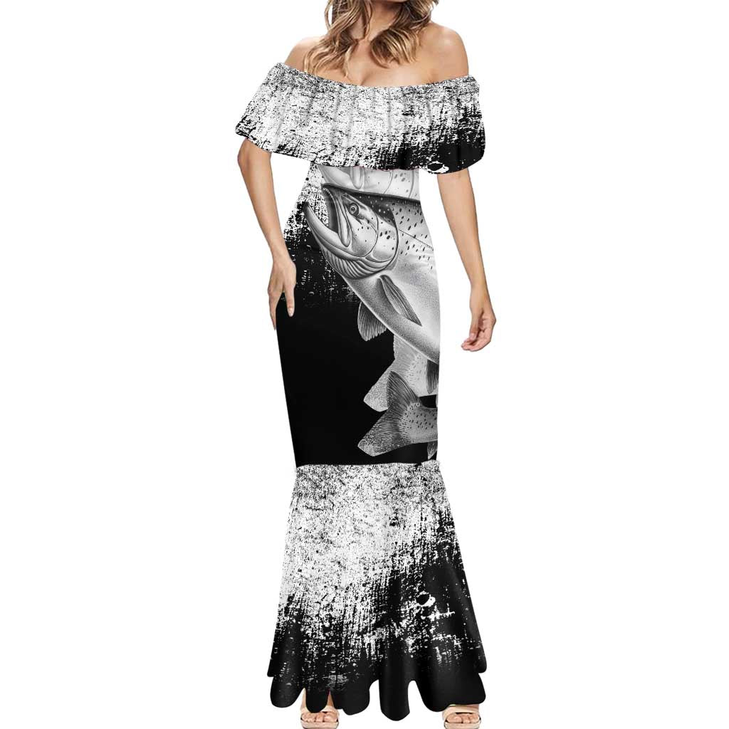Custom Black and White King Salmon Fishing Mermaid Dress with Trout Fish Design Black and White Grunge Style - Wonder Print Shop