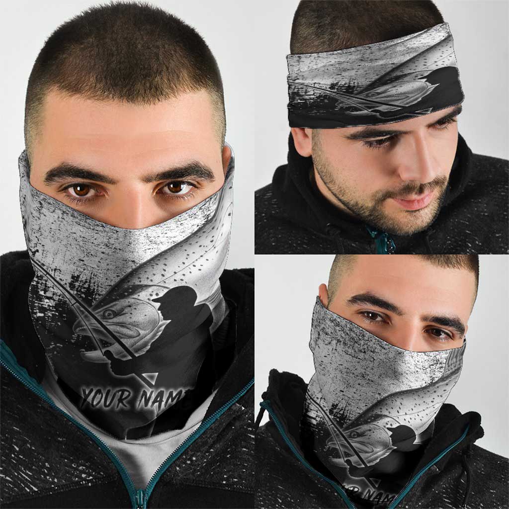 Custom Black and White King Salmon Fishing Neck Gaiter with Trout Fish Design Black and White Grunge Style - Wonder Print Shop