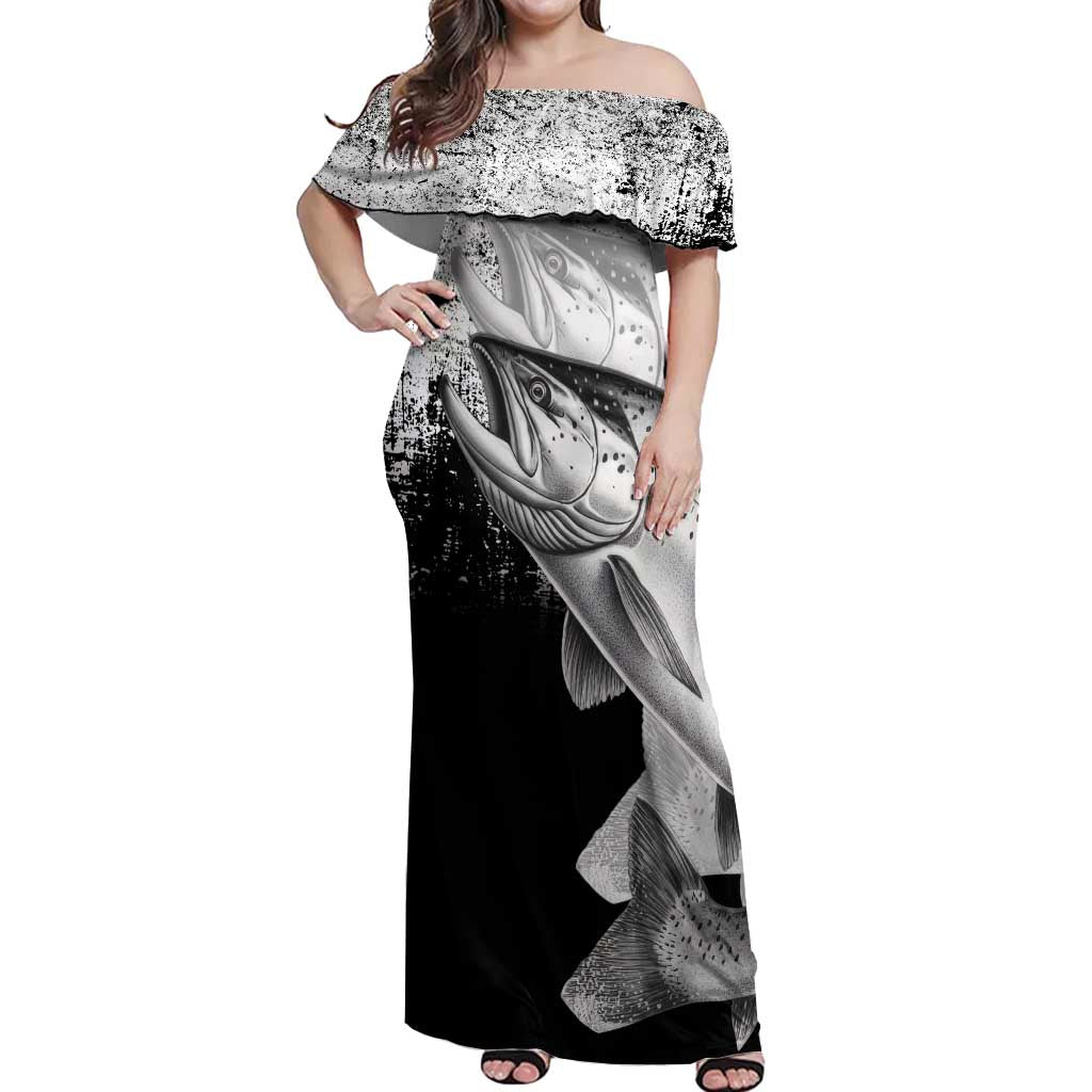 Custom Black and White King Salmon Fishing Off Shoulder Maxi Dress with Trout Fish Design Black and White Grunge Style - Wonder Print Shop