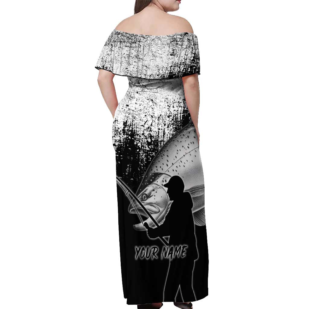Custom Black and White King Salmon Fishing Off Shoulder Maxi Dress with Trout Fish Design Black and White Grunge Style - Wonder Print Shop