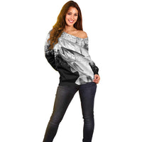 Custom Black and White King Salmon Fishing Off Shoulder Sweater with Trout Fish Design Black and White Grunge Style - Wonder Print Shop