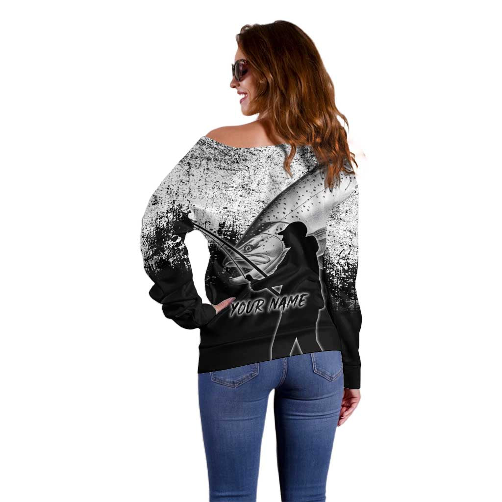 Custom Black and White King Salmon Fishing Off Shoulder Sweater with Trout Fish Design Black and White Grunge Style - Wonder Print Shop