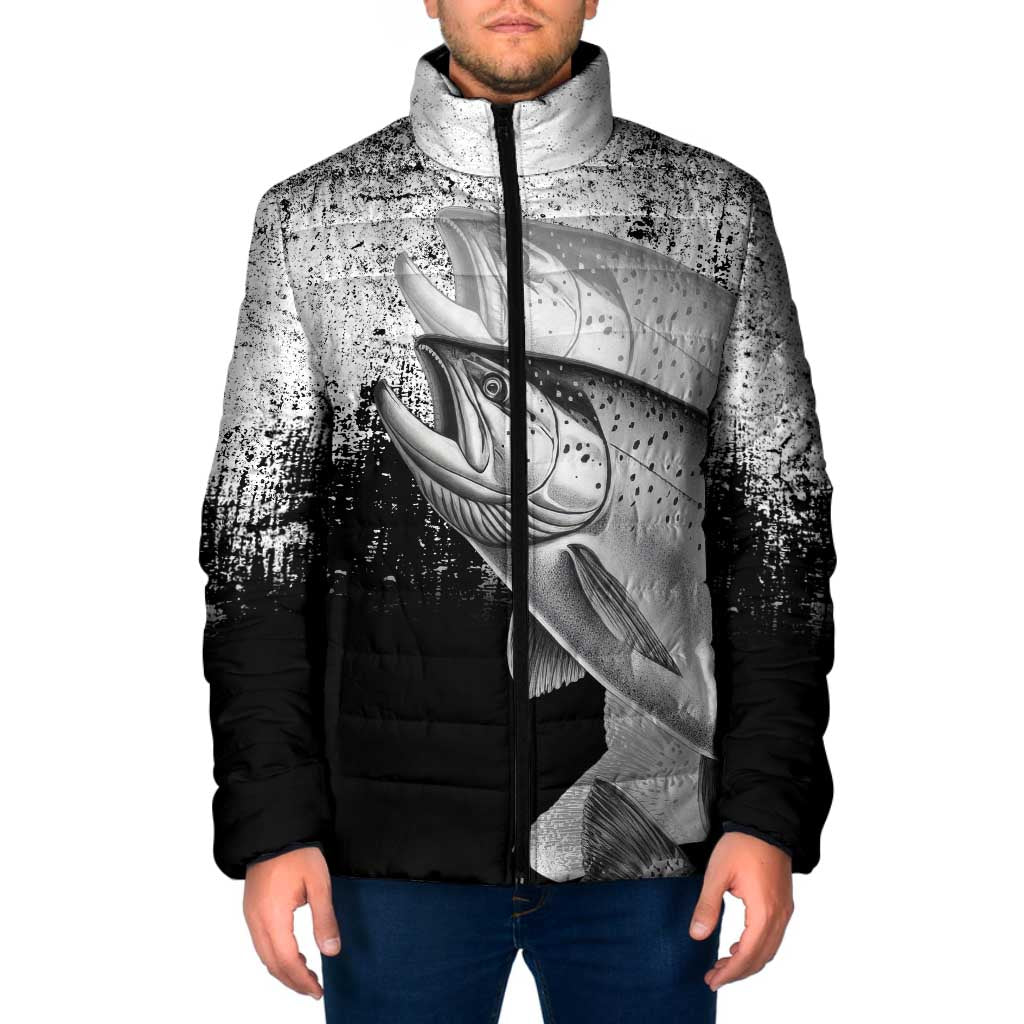 Custom Black and White King Salmon Fishing Padded Jacket with Trout Fish Design Black and White Grunge Style - Wonder Print Shop