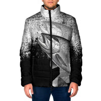 Custom Black and White King Salmon Fishing Padded Jacket with Trout Fish Design Black and White Grunge Style - Wonder Print Shop