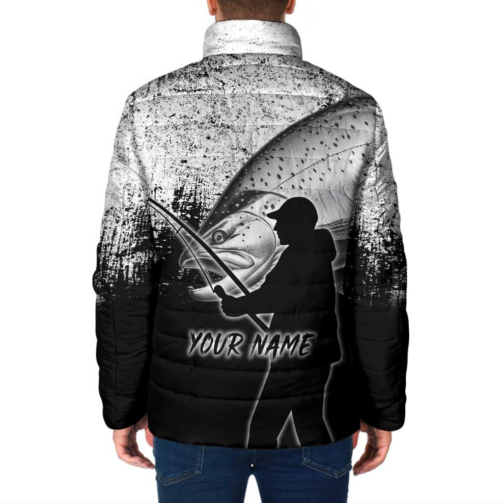 Custom Black and White King Salmon Fishing Padded Jacket with Trout Fish Design Black and White Grunge Style - Wonder Print Shop