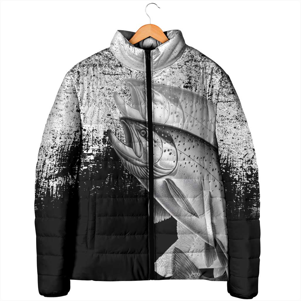 Custom Black and White King Salmon Fishing Padded Jacket with Trout Fish Design Black and White Grunge Style - Wonder Print Shop