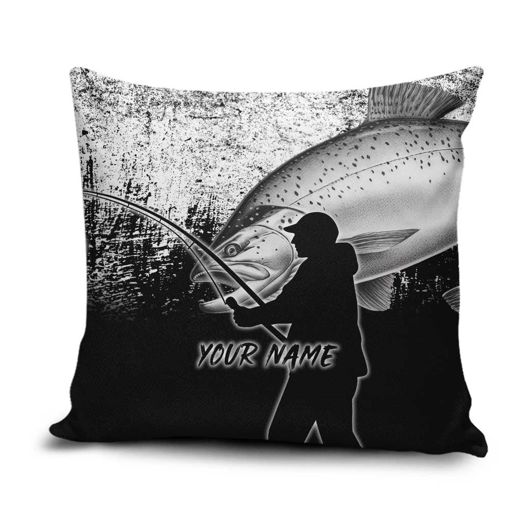 Custom Black and White King Salmon Fishing Pillow Cover with Trout Fish Design Black and White Grunge Style - Wonder Print Shop