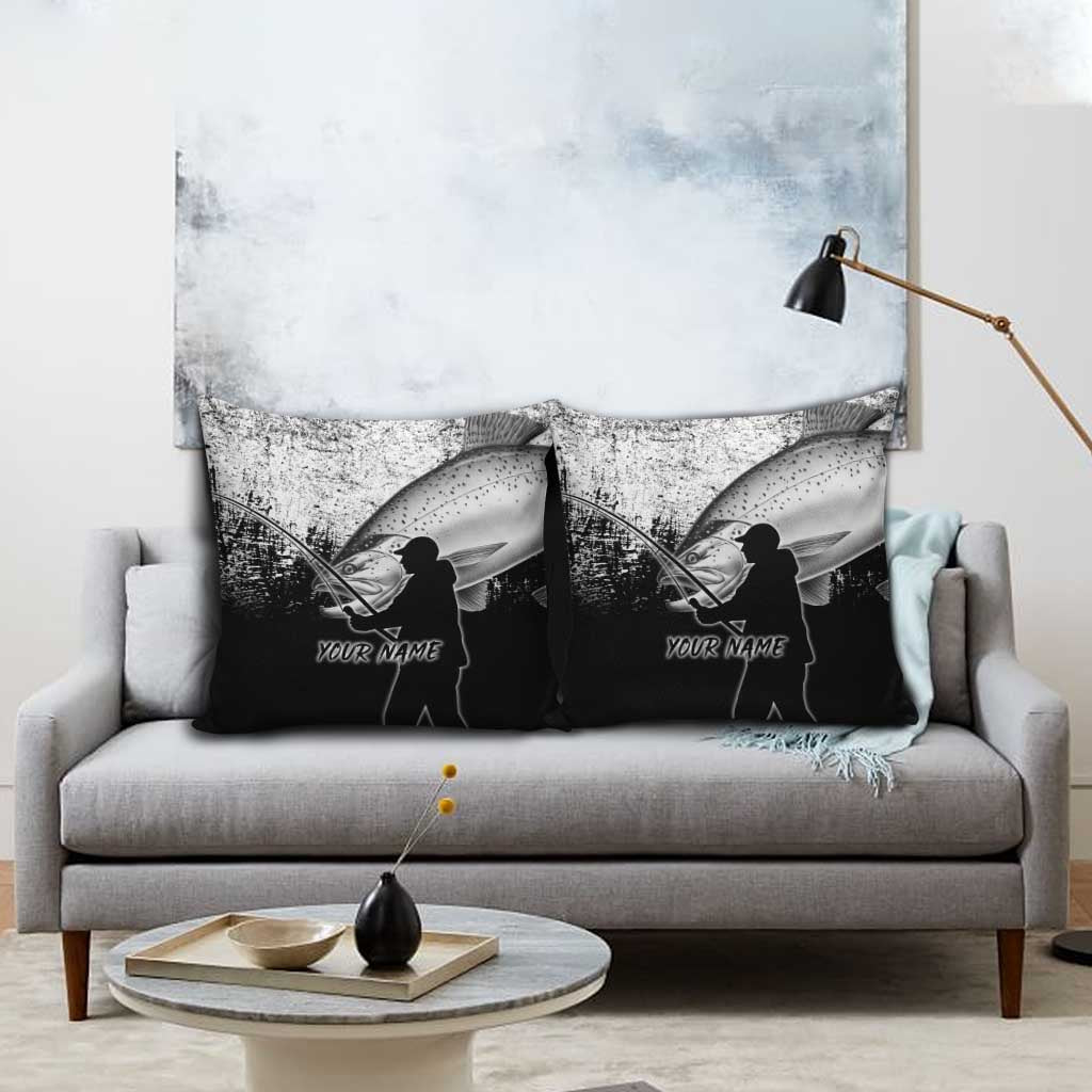 Custom Black and White King Salmon Fishing Pillow Cover with Trout Fish Design Black and White Grunge Style - Wonder Print Shop