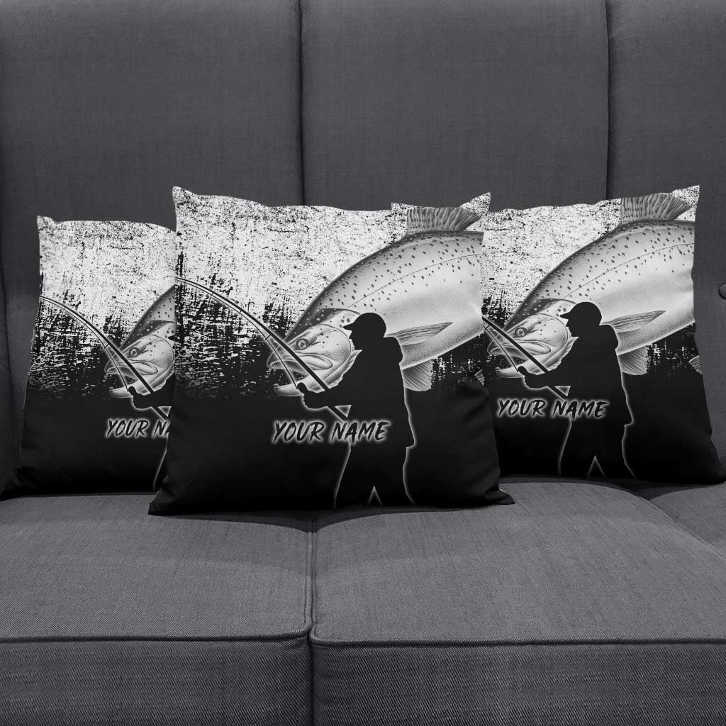 Custom Black and White King Salmon Fishing Pillow Cover with Trout Fish Design Black and White Grunge Style - Wonder Print Shop