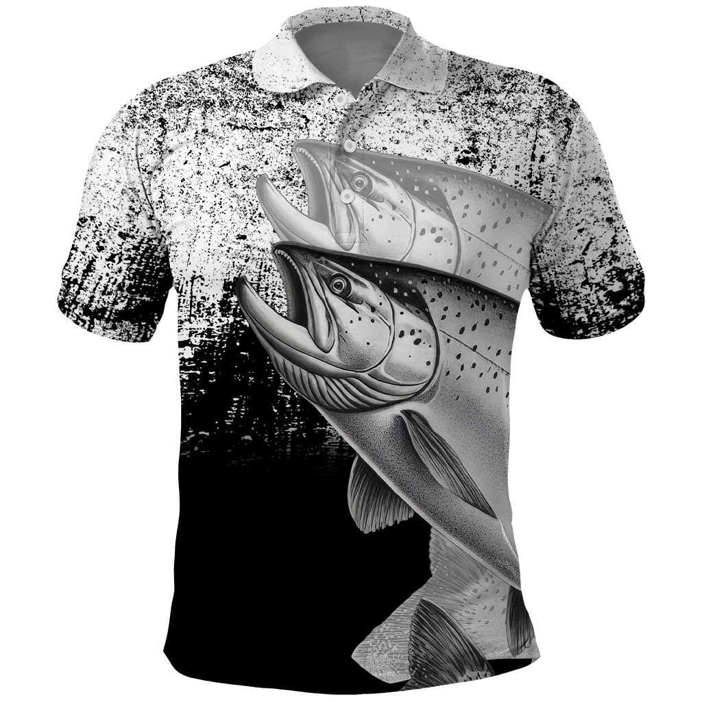 Custom Black and White King Salmon Fishing Polo Shirt with Trout Fish Design Black and White Grunge Style - Wonder Print Shop
