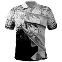 Custom Black and White King Salmon Fishing Polo Shirt with Trout Fish Design Black and White Grunge Style - Wonder Print Shop