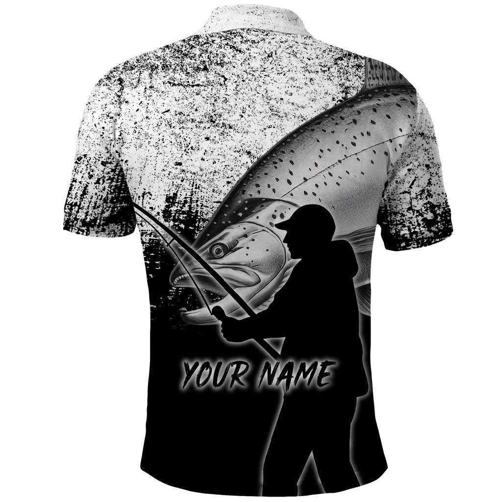 Custom Black and White King Salmon Fishing Polo Shirt with Trout Fish Design Black and White Grunge Style - Wonder Print Shop