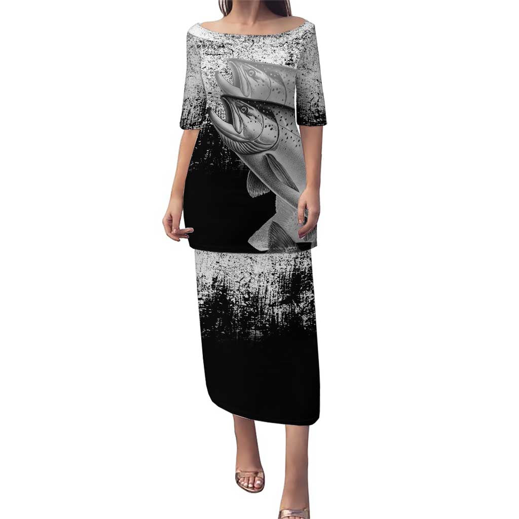 Custom Black and White King Salmon Fishing Puletasi with Trout Fish Design Black and White Grunge Style - Wonder Print Shop