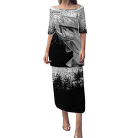 Custom Black and White King Salmon Fishing Puletasi with Trout Fish Design Black and White Grunge Style - Wonder Print Shop